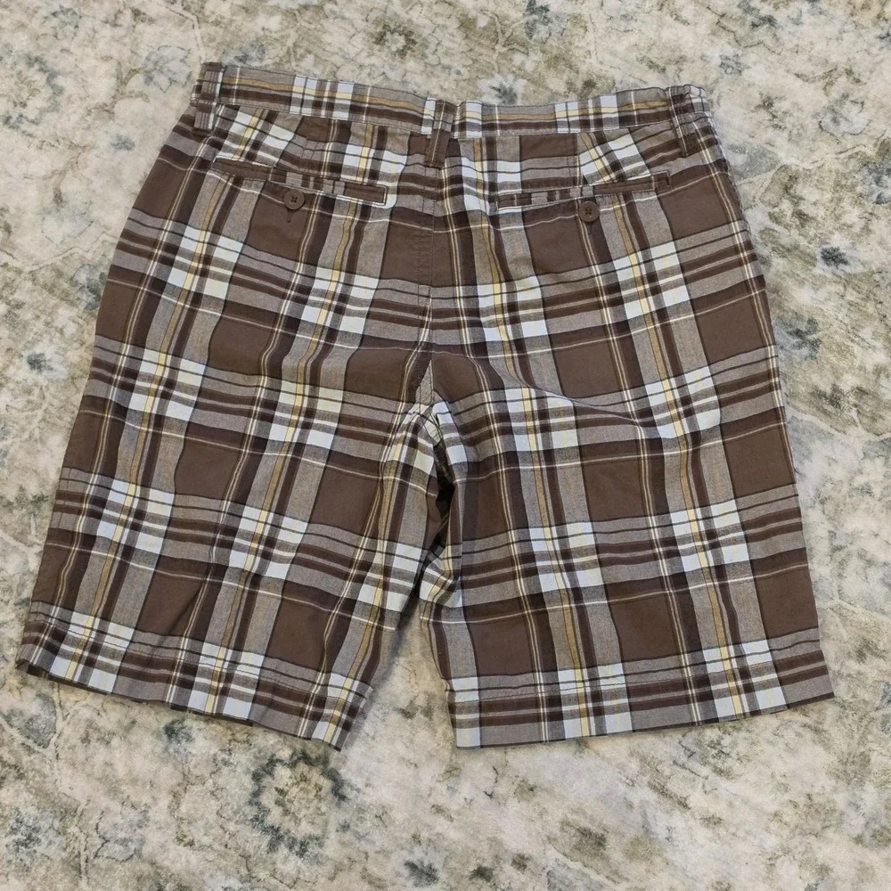 Sonoma Life + Style Mens Brown Plaid Cotton Flat Front Shorts Size 36